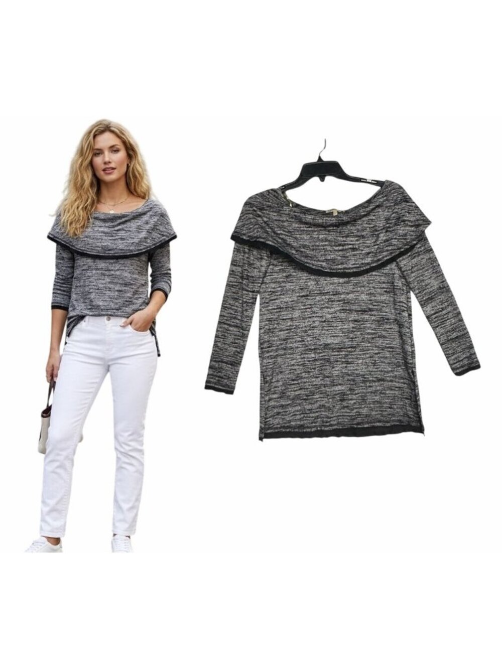 ⭐Democracy Women's Cowl Neck Tunic Sweater Top Size XS Gray Black Space Dye Knit